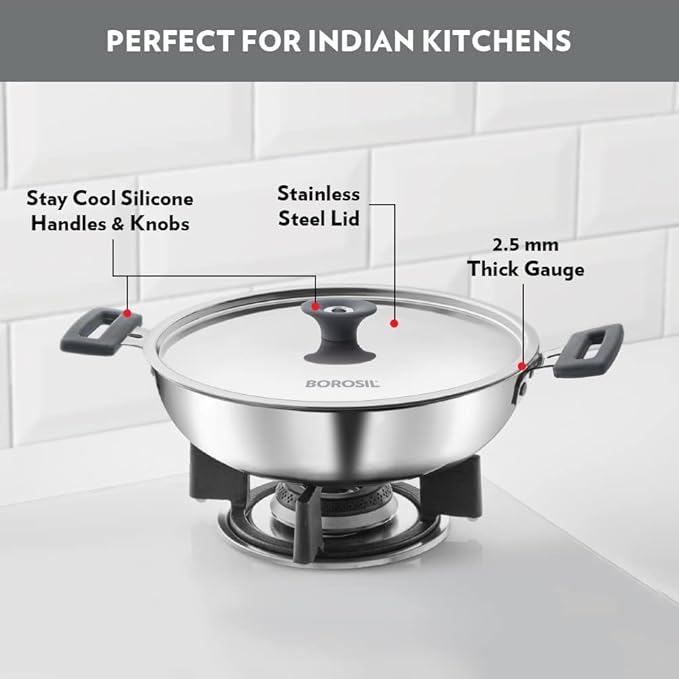 Borosil Cookfresh Tri-ply Stainless Steel Kadhai With Lid | Induction Friendly | 1.5 Litres | 20 Cm