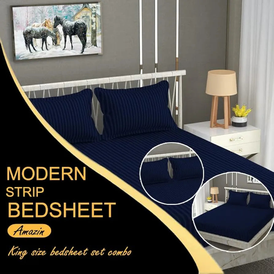 Fresh From Loom Breathable King Size Flat Bedsheets Hotel & Home Double Bedsheet Set With 2 Pillow Covers 144 TC Navy Blue