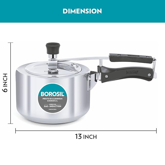 Borosil Presto Induction Base Inner Lid Aluminium Pressure Cooker, Silver | 2 Litres
