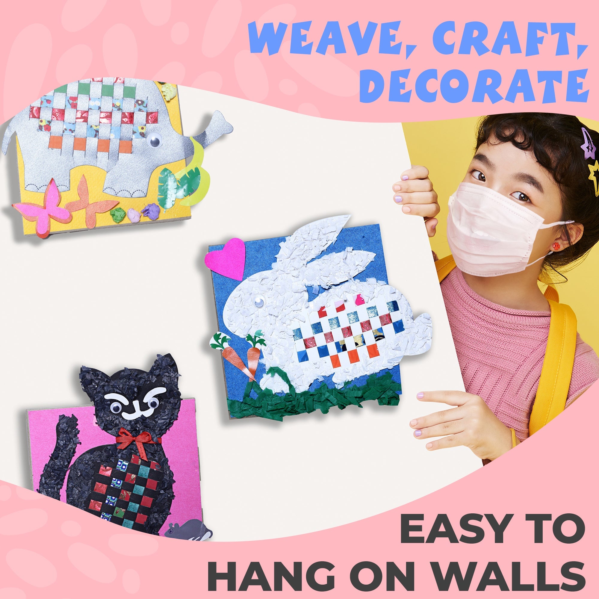 DIY Paper Weaving Wall Decor Set of 3 Animal Activity Kit- ELEPHANT, RABBIT & CAT