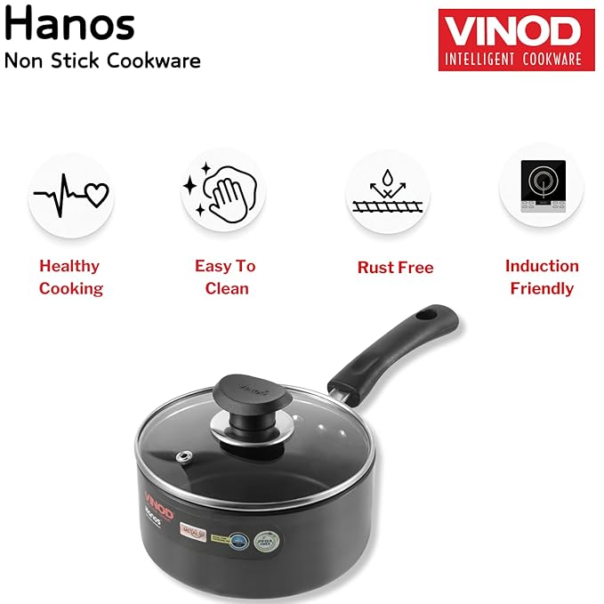 Vinod Hanos Hard Anodised Non Stick Saucepan with Lid - 1.7 Litre, 16 cm | 3.25mm Thick | 5X Long Lasting