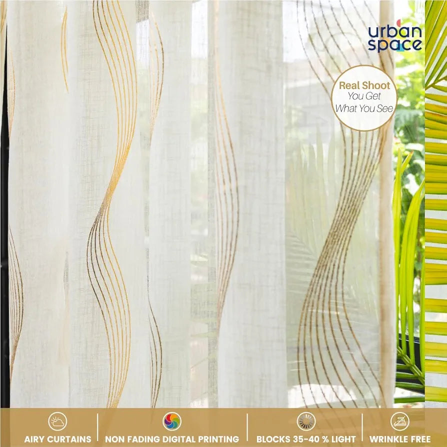 Urban Space Linen Textured Metallic Gold Foil Sheer Curtains for Door Room Darkening Set of 2 Decorative Curtains with Tieback and Eyelets Sheer Double Wave Butter Cream Colour