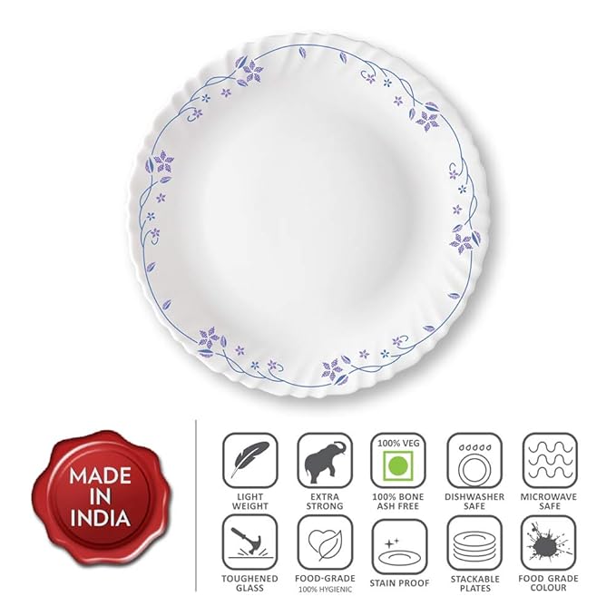Larah by Borosil Flora, Opalware Full Plate | 11 Inch | White | Set of 6