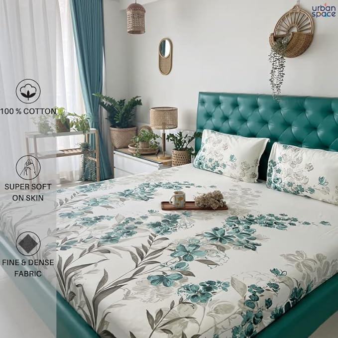 Urban Space Cotton Bedsheet for Double Bed 2 Pillow Cover (Colour Majestic Aqua)