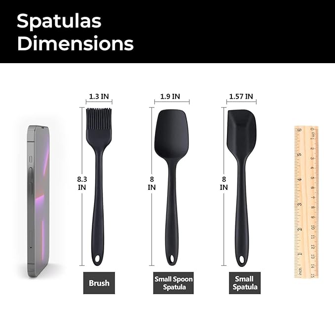 Frenchware Silicone Spatula for Kitchen | Set of 3, Black | Non Stick Small Spatula, Spoon & Brush for Cooking & Baking