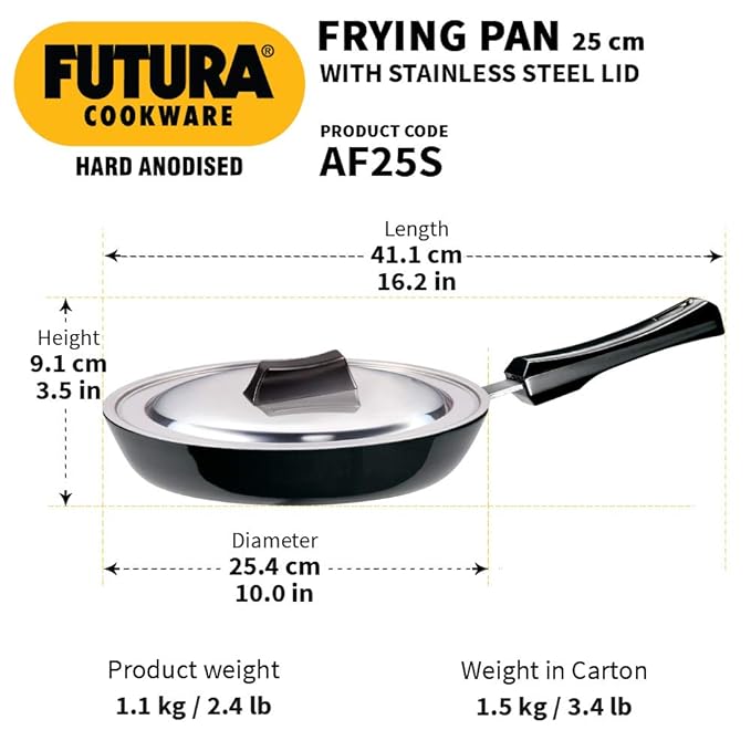 Hawkins Futura 24 cm Frying Pan Hard Anodised Fry Pan with Stainless Steel Lid Black