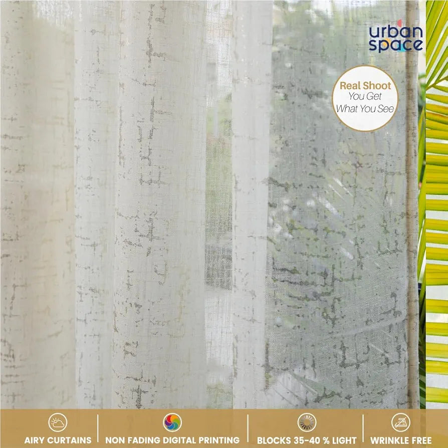 Urban Space Linen Textured Metallic Gold Foil Sheer Curtains for Door Room Darkening, Set of 2 Decorative Curtains with Tieback and Eyelets Sheer Sparkle Butter Cream Colour