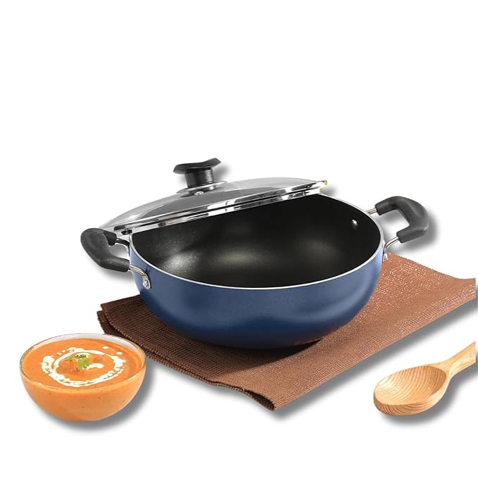 Vinod Zest Aluminium Non Stick Deep Kadhai with Glass Lid - 2 Litre, 20cm | 3 Layer Ceramic Coating | 3 mm Thick