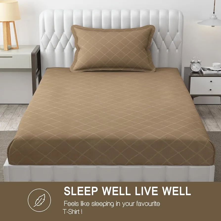 Fresh From Loom Single Bedsheet Microfiber Rotary Printed with 1 Pillow Covers 144 TC Dark Beige Barfi