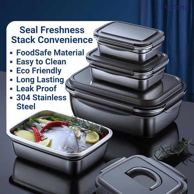 Femora Lunch Box High Steel Rectangle Heavy Duty Airtight Leakproof Unbreakable Storage Container With Lock Lid | 350 Ml | Set of 3