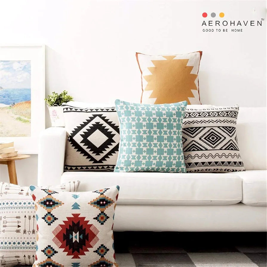 Aerohaven Minimal Tribal Cushion Covers Set 5 Monochrome & Pastel Ethnic Pillow Covers for Modern Decor