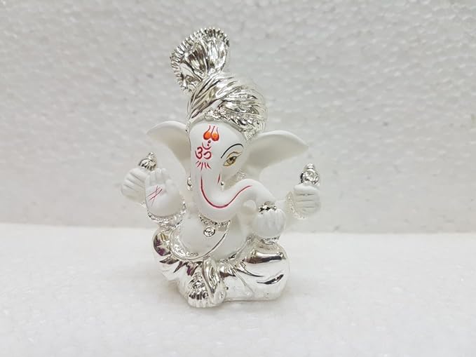 Gold Art India Ceramic Pagdi Ganesh Idol For Car Dashboard Small Ganesha Murti For Home Decor