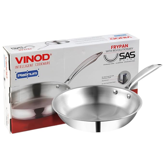 Vinod Platinum Triply Stainless Steel Frypan 20 cm | 2.5 mm Thick | Steel Pan | Scratch Resistant