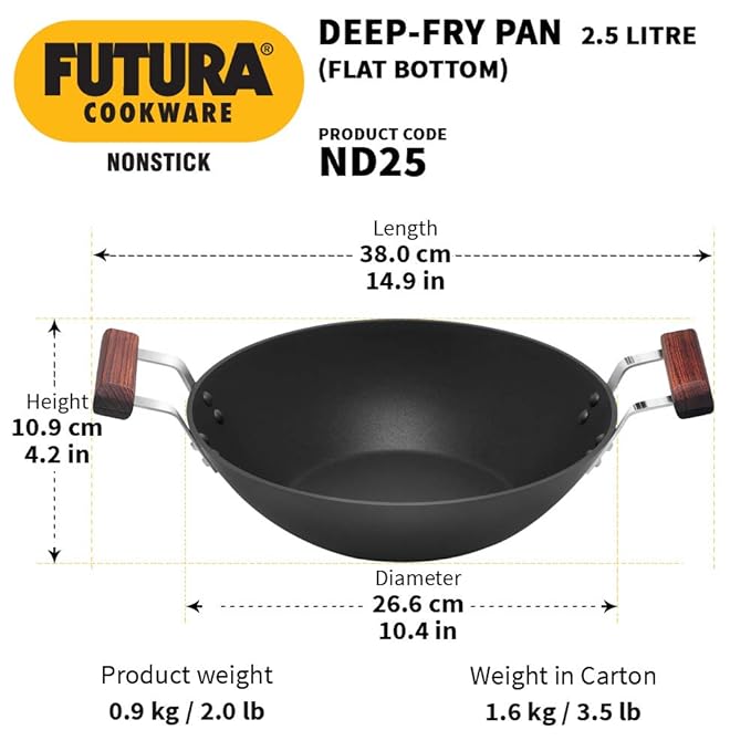 Hawkins Futura 2.5 Litre Deep Fry Pan Non Stick Kadai Flat Bottom Kadhai