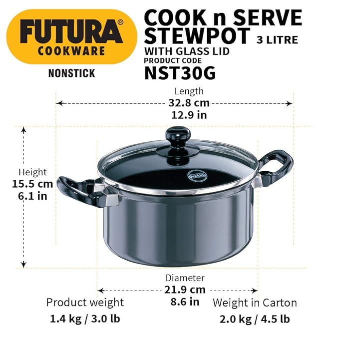 Hawkins Futura 3 Litre Cook n Serve Stewpot Non Stick Pot with Glass Lid