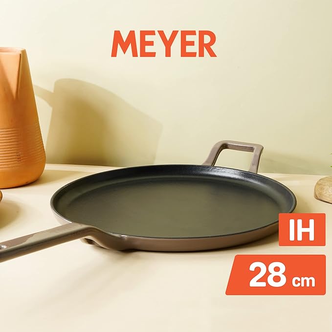 Meyer Enamel Cast Iron Dosa Tawa | Iron Tawa |Dosa Pan Cookware for Kitchen 28cm Grey