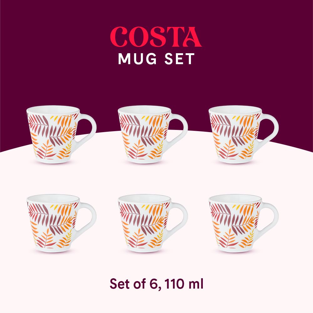 Larah by Borosil Novelty Series Costa Opalware Mug | Set of 6 Tea/coffee Mugs | 110 Ml Each