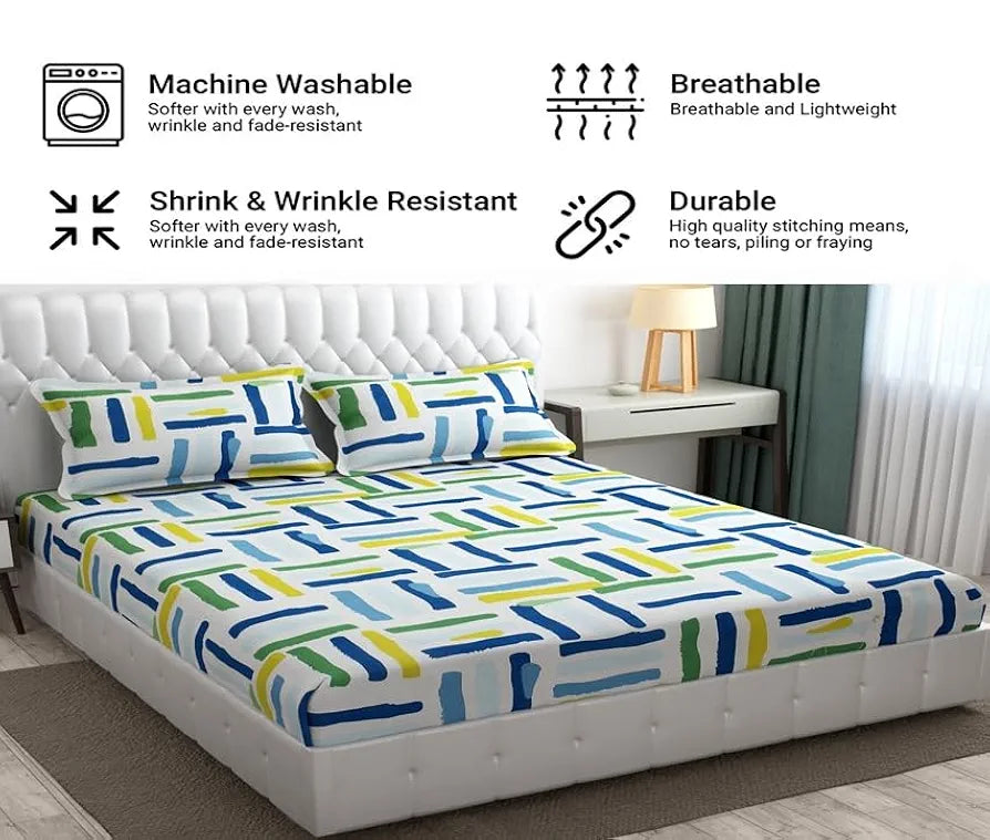 Fresh From Loom Microfiber Rotary Printed Bed Sheet Set King Size Hypoallergenic Wrinkle Free with 2 Pillow Covers 144 TC Multi Line