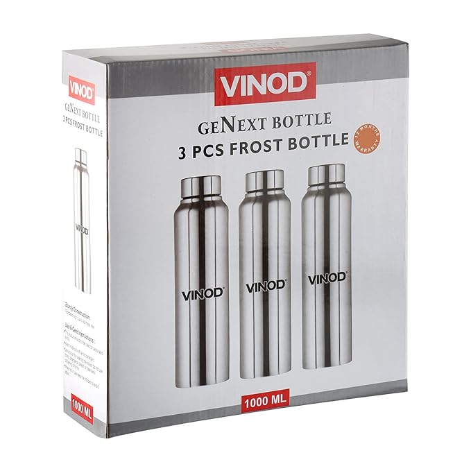 Vinod Frost Fridge Water Bottle with Fabricated 18/8 Stainless Steel Coating Inside and Outside | 1000 ml | Pack of 3