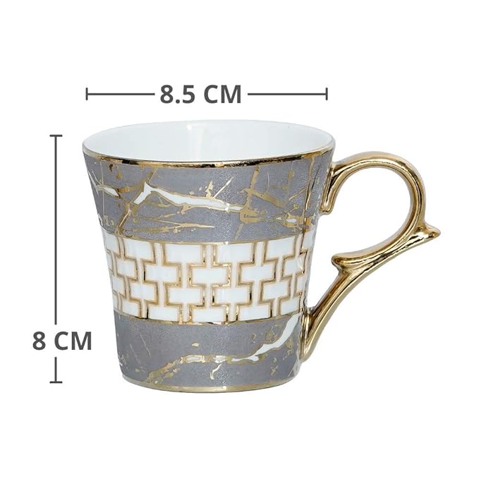 Femora Indian Ceramic Grey Gold Line Tea Cup | 6 Pieces | 155 Ml