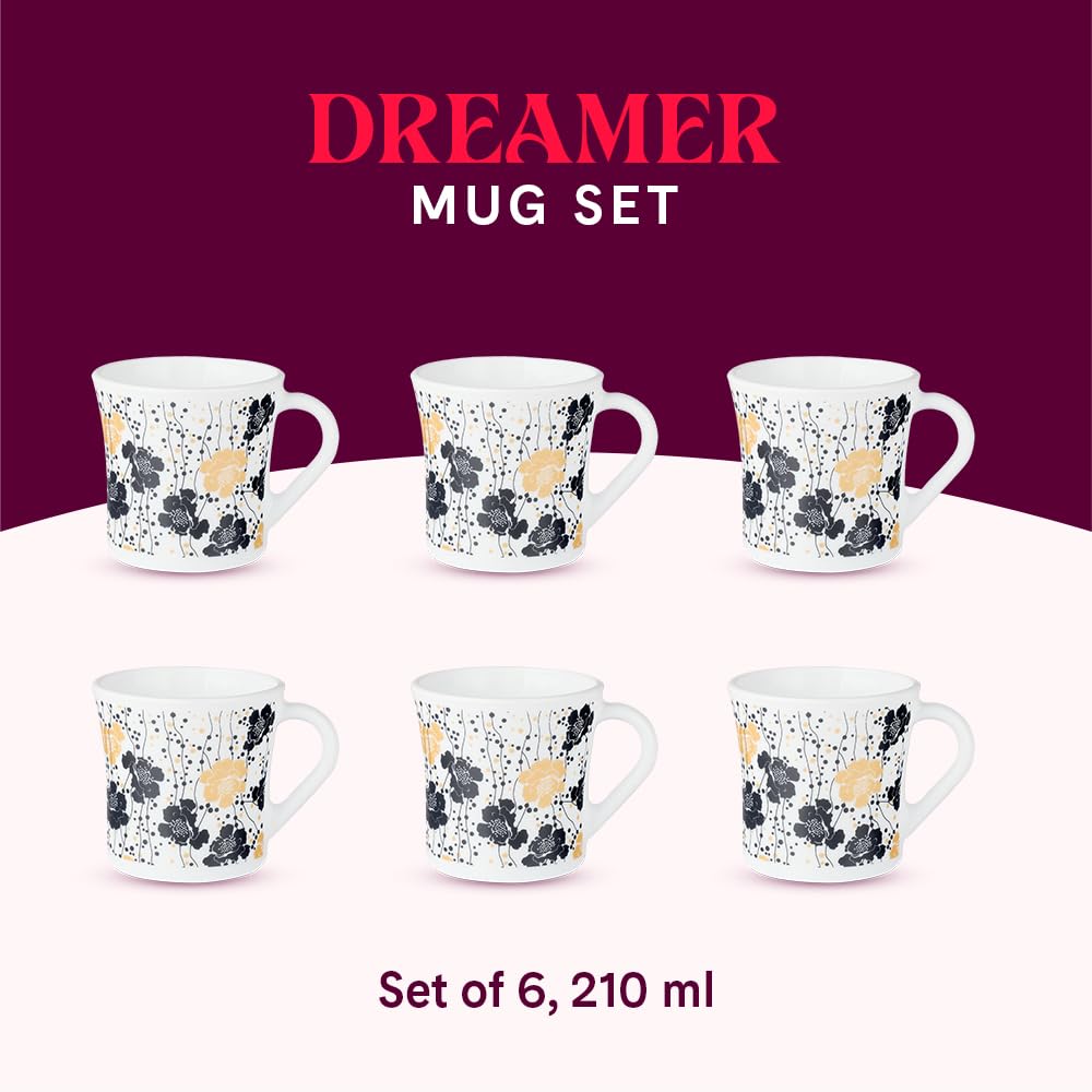 Larah by Borosil Crysta Series Dreamer Opalware Mug | Set of 6 Tea/coffee Mugs | 210 Ml Each