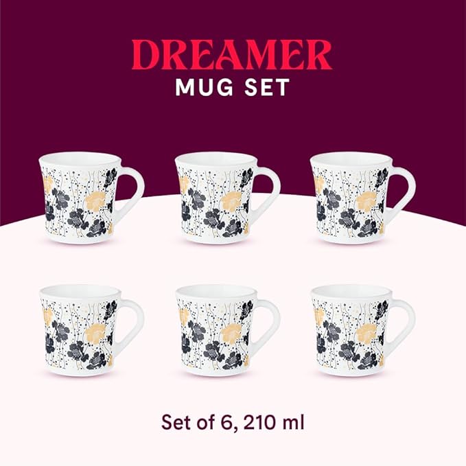 Larah by Borosil Crysta Series Dreamer Opalware Mug | Set of 6 Tea/coffee Mugs | 210 Ml Each
