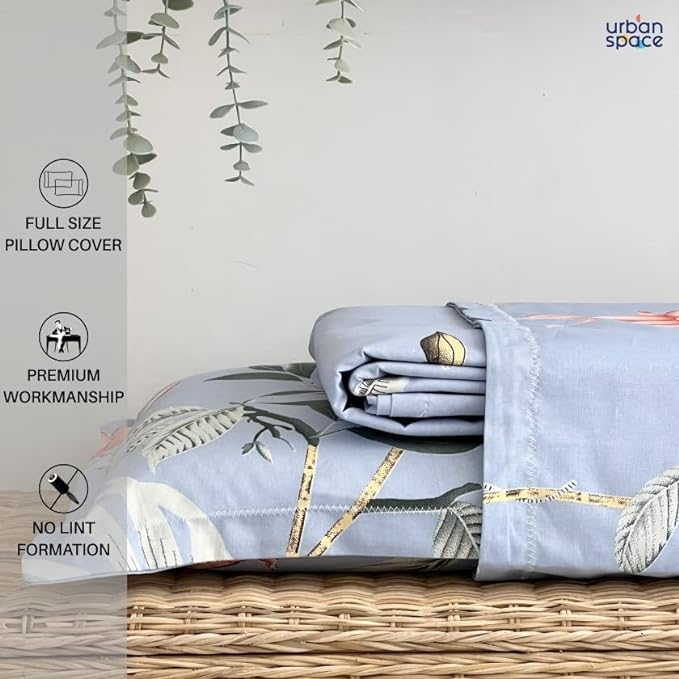 Urban Space Serene Cotton Bedsheet for Double Bed 2 Pillow Covers (Colour Bloom ray Grey)
