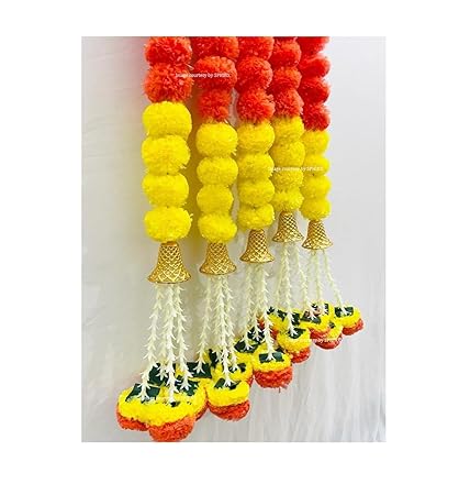 Marigold Fluffy Flowers with Bell and Tuberoses Colour Dark Orange & Yellow Mix - 4 Pieces