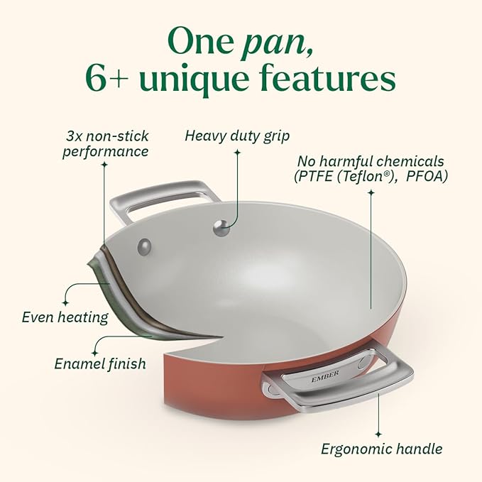 Ember Cookware Arcilla Ceramic Non Stick Kadai 24cm | Metallic Lid | Stainless Steel Handles | Capri Series | Terracotta