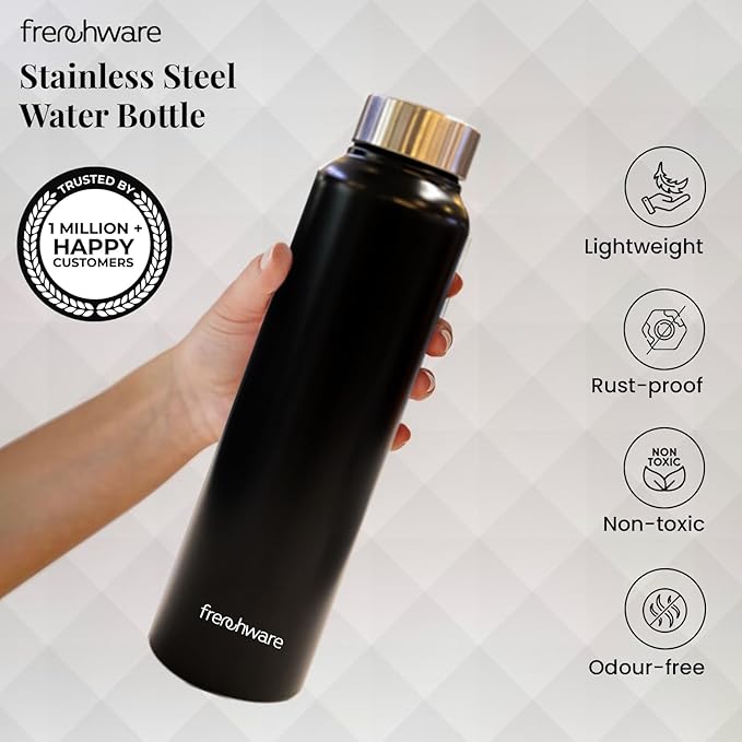 Frenchware Water Bottle 1 Litre, Stainless Steel, Premium Ss 304 | Charcoal Black