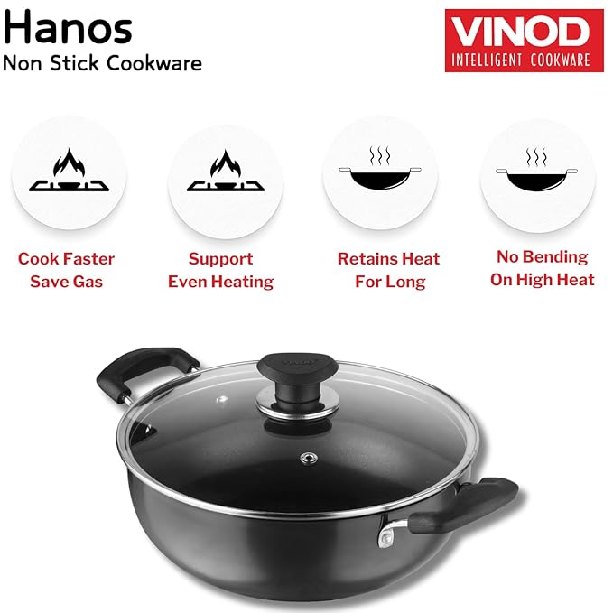 Vinod Hanos Hard Anodised Non Stick Deep Kadhai with Glass lid - 3.1 Litre, 24 cm | 3.25mm Thick | 5X Non Stick