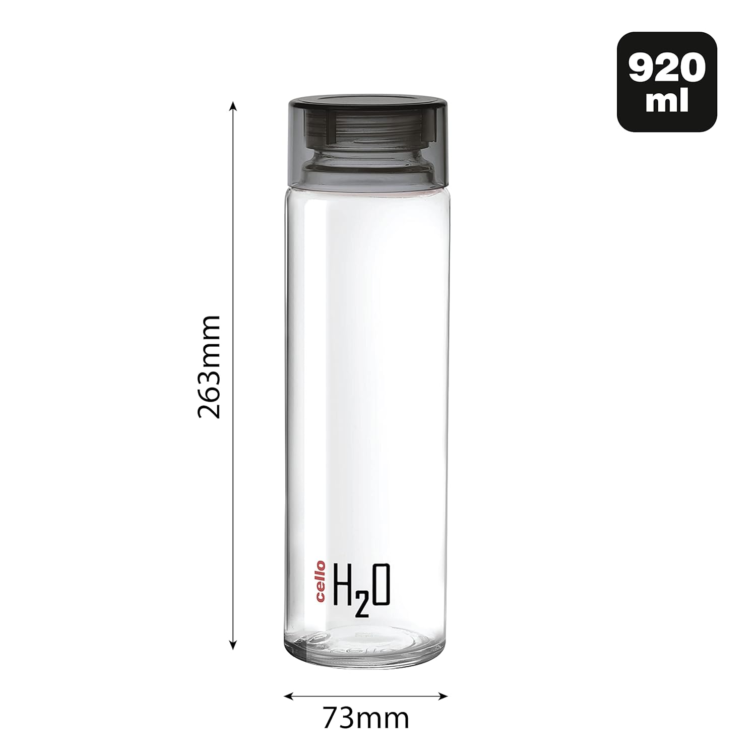 Cello H2o Glass Fridge Water Bottle With Plastic Cap | 920 Ml | Black