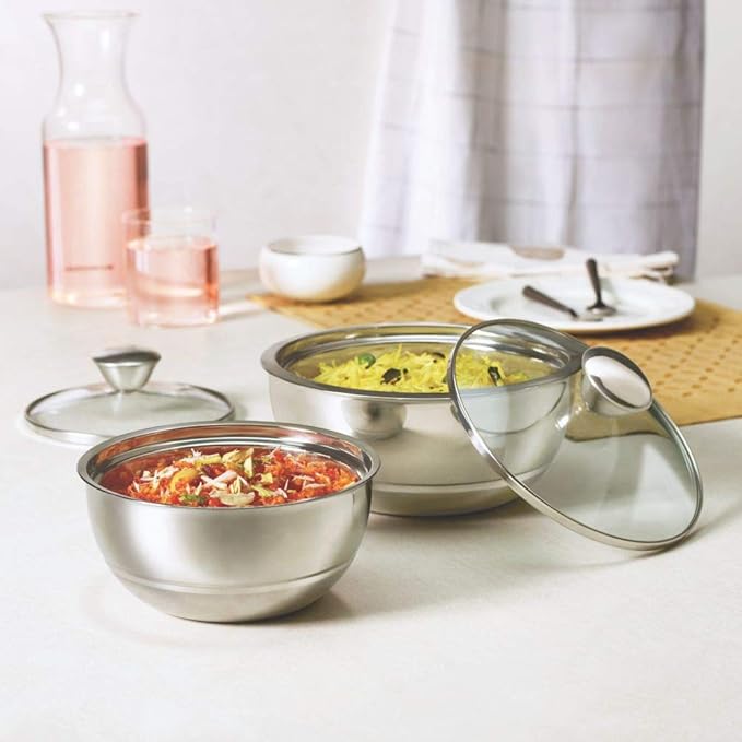 Borosil - Stainless Steel Insulated Curry Server | Set of 2 | 500ml + 900ml | Silver