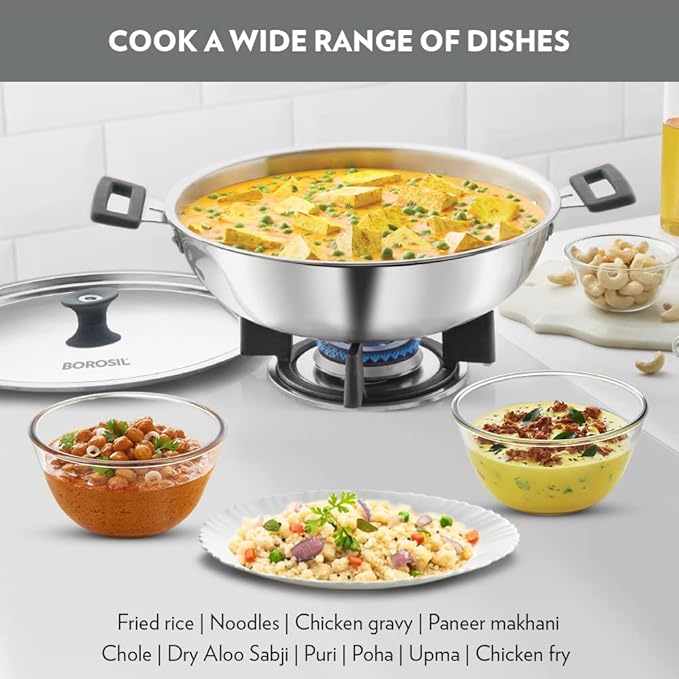 Borosil Cookfresh Tri-ply Stainless Steel Kadhai With Lid | Induction Friendly | 1.5 Litres | 20 Cm