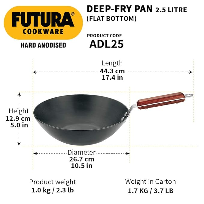 Hawkins Futura 2.5 Litre Deep Fry Pan Long Handle Hard Anodised Kadai