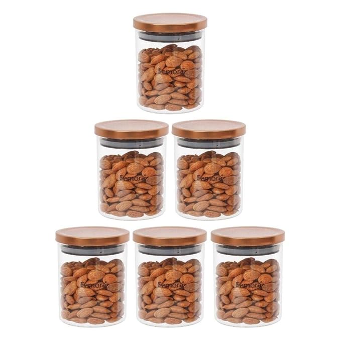 Femora Borosilicate Glass Jar With Golden Metallic Lid | Jars for Kitchen Storage | 600 Ml | Set of 6