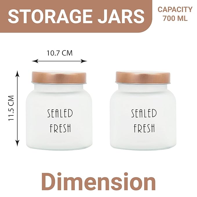 Femora Kitchen Storage Jars Frosted Glass Jar With Steel Lid Air Tight Jar | 700 Ml | Pack of 4 | Golden Lid