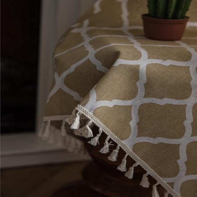 Huesland Cotton Curtains for Windows, 5 Feet Long 1 Bohemian Eyelet Curtain | Quatrefoil Light Brown