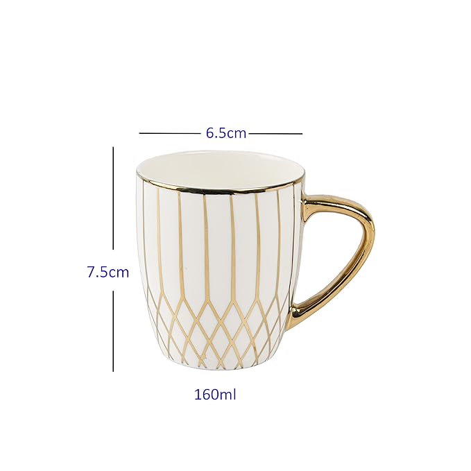 Femora Gloden Branch Pattern Golden Tea Mugs, Ceramic Tea Cups, Coffee Mugs | 160 Ml | Golden | 6 Pcs Set | Not Microwave Safe