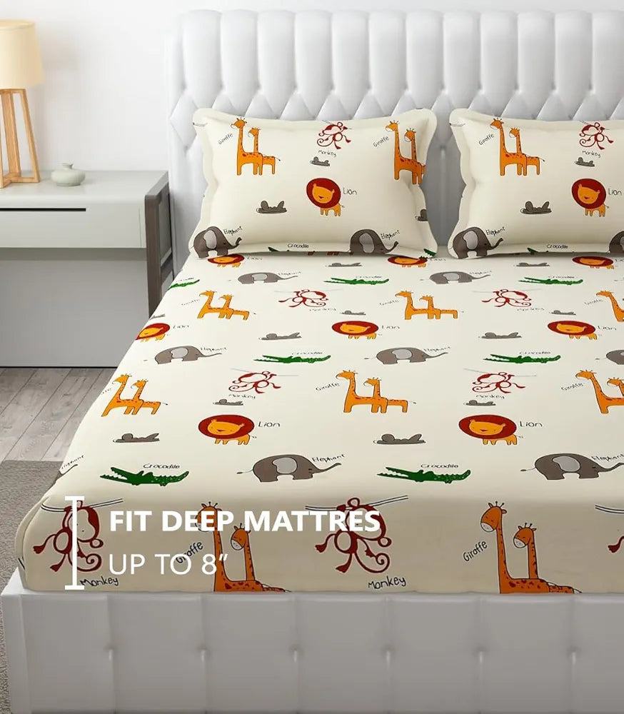 Fresh From Loom Glace Cotton Wrinkle Free Elastic Fitted Bed Sheet with 2 Pillow Cream Animal Double Bed 300 TC