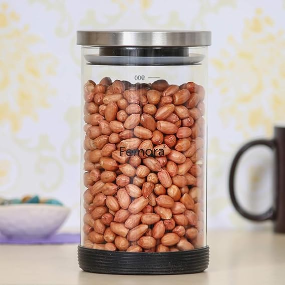 Femora Storage Jars Borosilicate Glass With Silicon Bottom Air Tight Jar With Steel Lid | 900 Ml