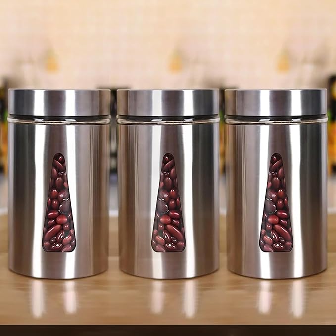 Femora Kitchen Storage Jars Steel Finish With See Through Window Jar | 1000 Ml | Pack of 3 | Silver