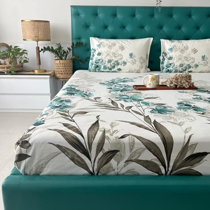 Urban Space Cotton Bedsheet for Double Bed 2 Pillow Cover (Colour Majestic Aqua)