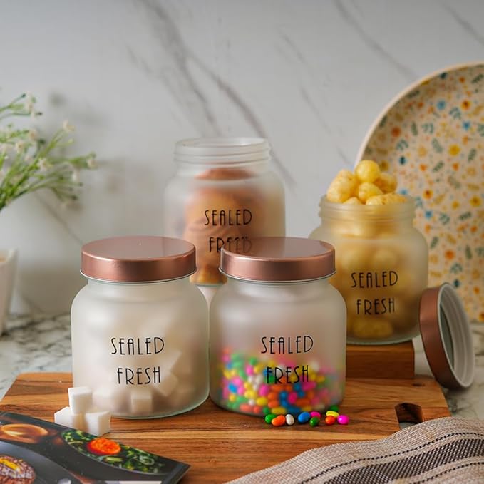 Femora Kitchen Storage Jars Frosted Glass Jar With Steel Lid Air Tight Jar | 700 Ml | Pack of 1 | Golden Lid