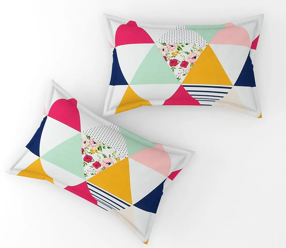 Fresh From Loom Soft Glace Cotton Fitted Bedsheet King Size Bed With Two Pillow Cover Elastic Fitted 144 TC Trangle Multi