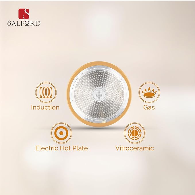 Salford Forged Ceramic Non-stick Kadai With Glass Lid & Tubular Ss Handle | Mustard Yellow | 240mm | 2.5 Litre