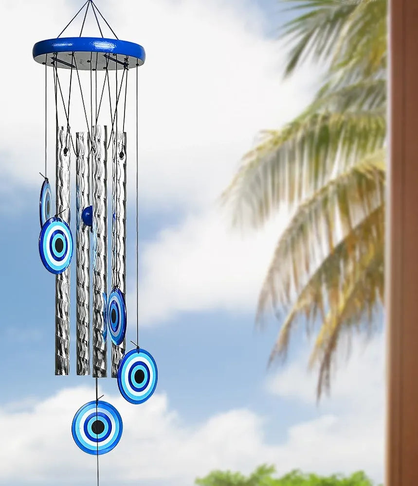Evil Eye Wind Chimes for Home and Garden 4 Silver Pipe Wind Chime -015