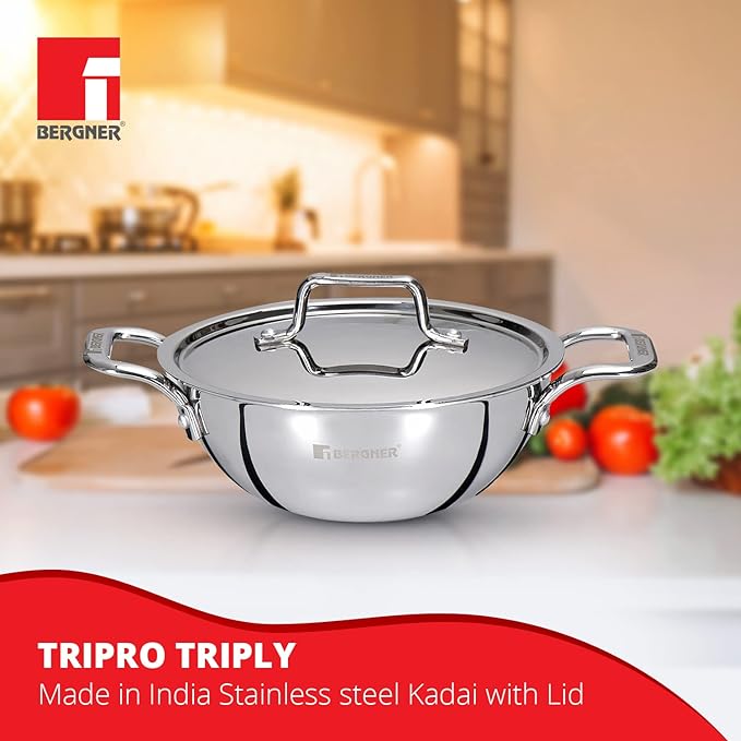 Bergner Tripro Triply Stainless Steel 24 Cm Kadai With Stainless Steel Lid | 3.1 L Kadhai