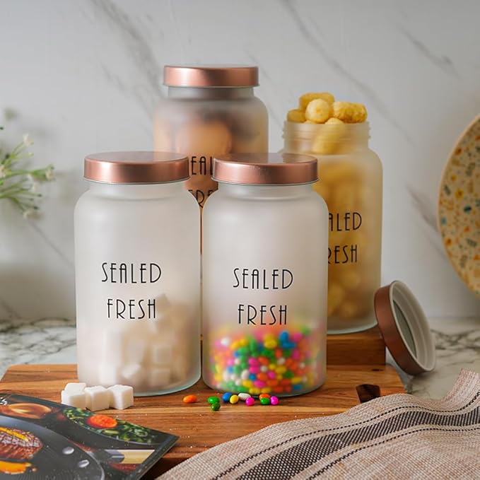 Femora Kitchen Storage Jars Frosted Glass Jar With Steel Lid Air Tight Jar, 1500 Ml | Pack of 4 | Golden Lid