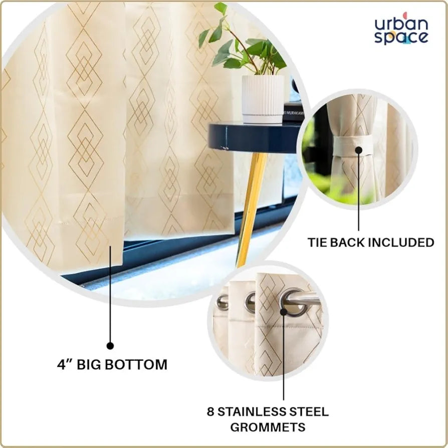 Urban Space Blackout Curtains for Living Room, Gold Foil Printed Luxurious Blackout Decorative Curtains 1 Piece Diamond Beige